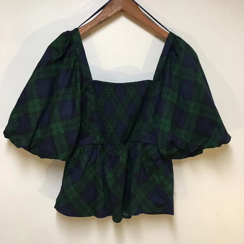 Old Navy Plaid Puff Sleeve Blouse Women Small Tall Green Navy Peplum Top